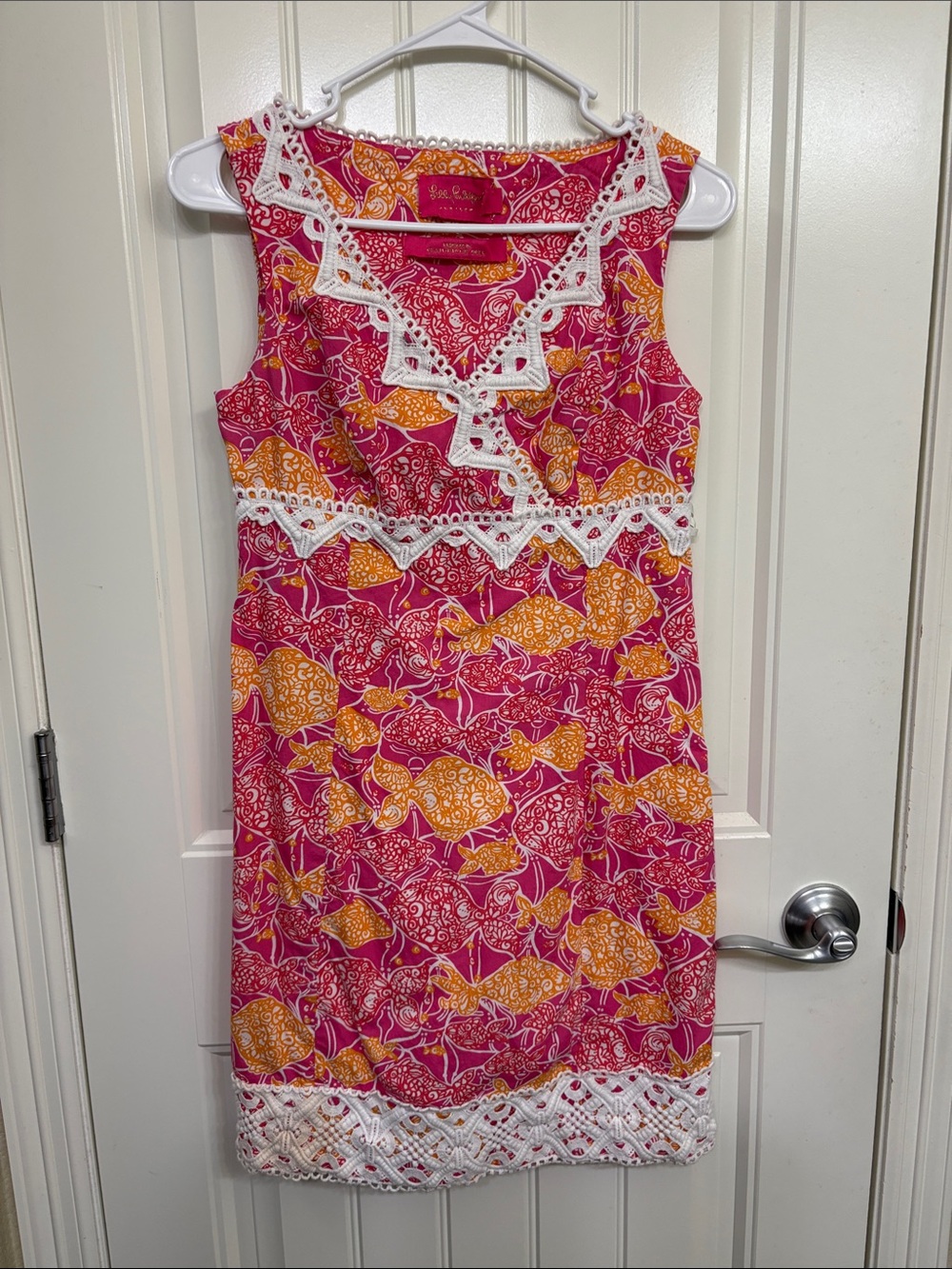 Lilly Pulitzer‎ Jubilee Catherine Bell pink Orange Sleeveless Crochet-Trim dress